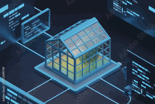 Futuristic Greenhouse Structure with Solar Panels on Platform Surrounded by Digital Circuits