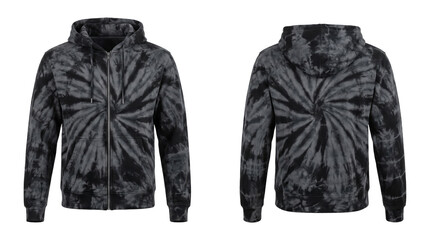 Black and Dark Grey Spiral Tie Dye Zip Up Hoodie Ghost Mannequin Mockup Front and Back View isolated on plain background