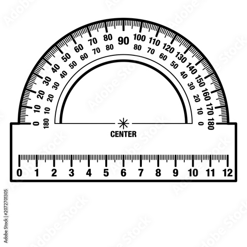 Protractor with ruler, geometry tool, center mark, white background