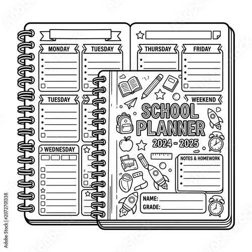 School planner 2024-2025 with hand-drawn doodles, spiral bound, black and white line art.