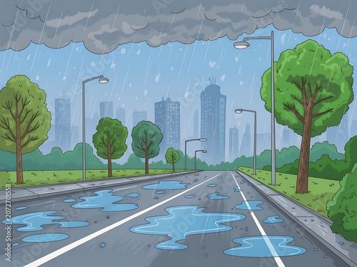 Rainy City Street with Puddles and Trees