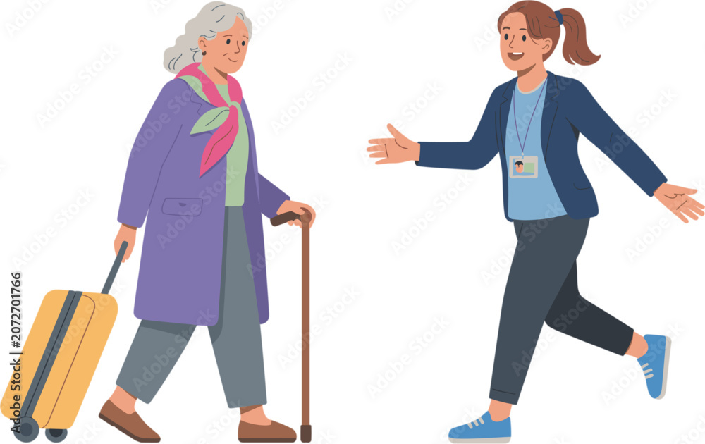 Fototapeta premium Airport assistance service vector illustration, staff welcoming elderly traveler with luggage and walking cane at terminal