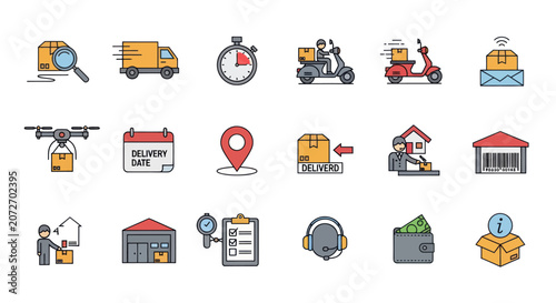 Delivery Service Icons Set Transportation Logistics and Shipping Symbols.