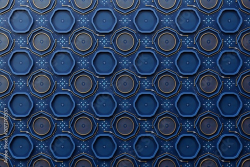 A symmetrical geometric pattern featuring deep blue hexagonal recesses, golden circular outlines, and small light blue square grid accents on a panel