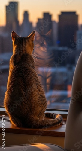 夕暮れの街を望む猫