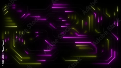 Multicolor Digital Circuit Animation Background with Purple Yellow Glowing Lines, Cyber Data Flow and Futuristic Tech Network Motion