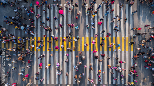 Aerial view of a busy crosswalk filled with pedestrians during the day, showcasing urban life and movement.