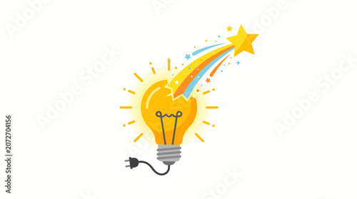 Bright Idea Concept: Light Bulb with Star and Rainbow Trail