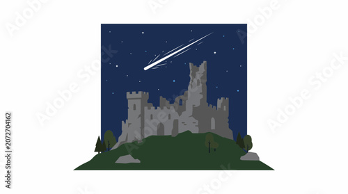 Ancient castle ruins under starry night sky with shooting star