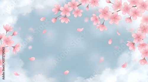 Serene illustration of pink cherry blossoms framing a soft blue sky with delicate petals gently falling, evoking a tranquil spring atmosphere