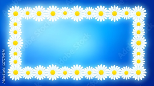 Vibrant Daisy Floral Frame with Bright Yellow Centers on a Graduated Blue Background, Ideal for Spring and Summer Designs