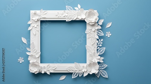 Elegant White Square Frame Adorned with Delicate Paper Flowers and Leaves on a Serene Blue Background, Perfect for Creative Designs