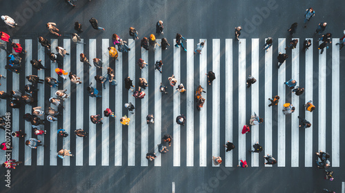 Aerial view of diverse pedestrians crossing a busy city street on a zebra crossing.