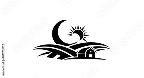 Black and white landscape illustration with sun crescent moon and farm house