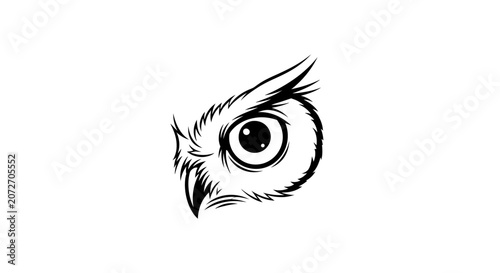 Black and white owl head illustration with detailed features on a white background