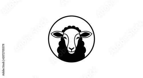 Black and white sheep head logo design in a circle for branding
