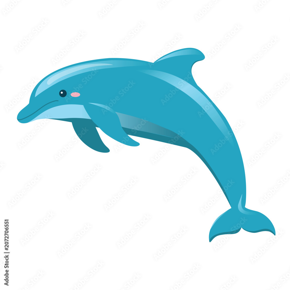 Fototapeta premium Kawaii swimming blue dolphin isolated vector, flat cartoon style marine animal illustration, cute sea life character design for children book, fabric pattern and baby shower greeting cards