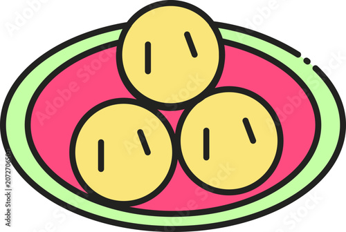 Vector Illustration of Delicious Yellow Mochi Dessert Balls in Pink Sauce Served on a Light Green Platter