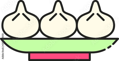 Three Steamed Dumplings Served on a Plate Minimalist Vector Illustration for Asian Cuisine Menu Design and Culinary Concepts