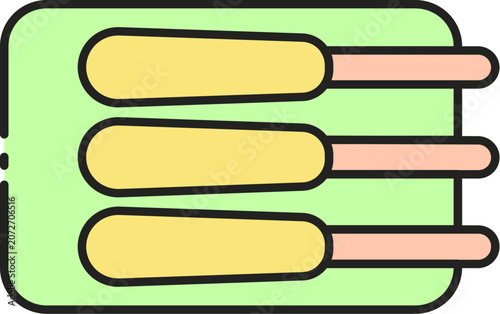Three Golden Skewered Food Appetizers Placed On A Rectangular Green Serving Platter Illustration