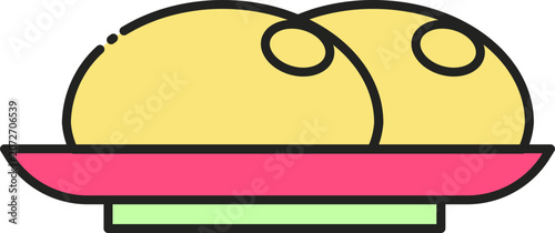 Flat vector illustration of two golden steamed buns on a pink plate for bakery or restaurant menu design