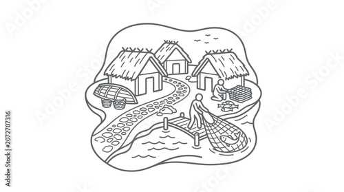 Cuadro en lienzo Ancient lakeside settlement with man fishing with net.