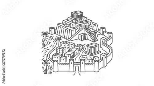 Fotografie Ancient Mesopotamian ziggurat city with defensive walls.