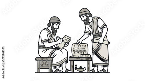Fotografie Ancient Mesopotamian scribes writing on clay tablets line art.