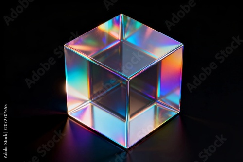 Iridescent Glass Cube on Black Background