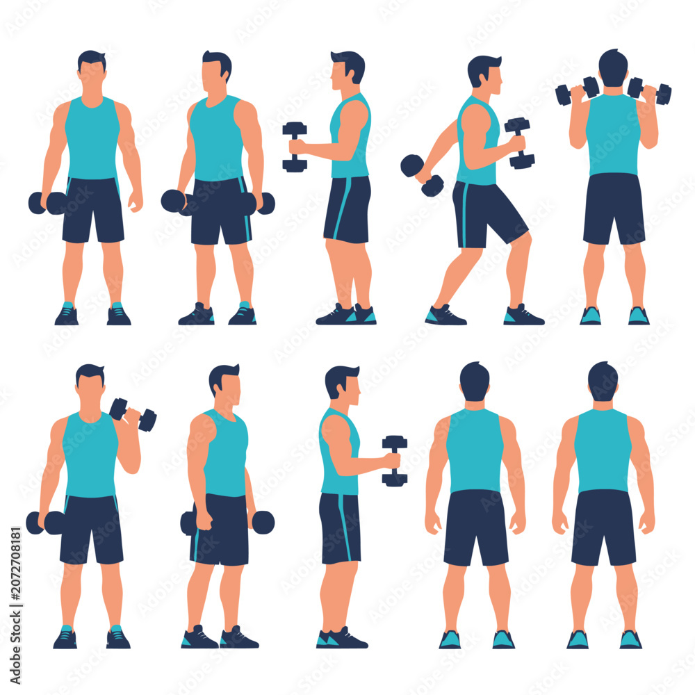 Obraz premium Man Performing Dumbbell Exercises Vector Set