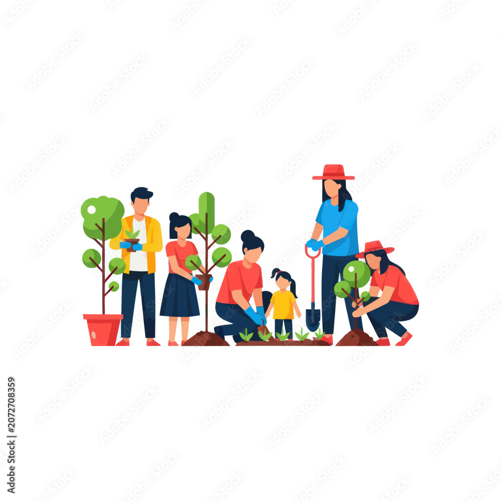 Fototapeta premium Family and Community Planting Trees Together