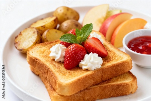 Delicious Strawberry Toast with Fresh Fruit and Potatoes