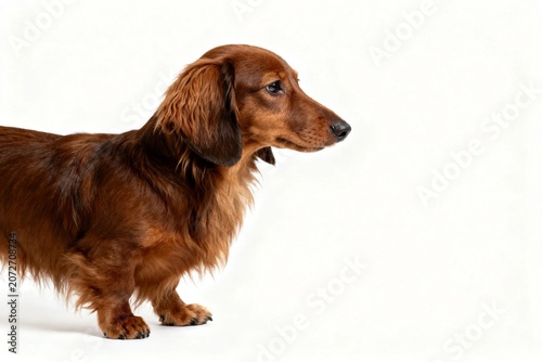 Profile of a Long-Haired Dachshund on White
