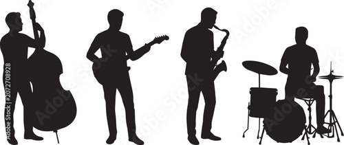 Photography Jazz Band Musicians Silhouette Set with Double Bass Guitar Saxophone and Drums

Collection of musician silhouettes featuring a double bass player, guitarist, saxophonist, and drummer
