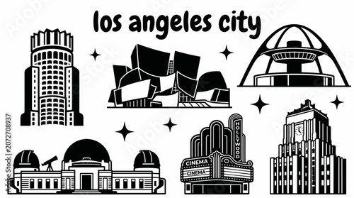 los angeles city skyline urban architecture downtown set collection landmark travel tourism america usa landscape metropolitan famous district with hollywood palm beach