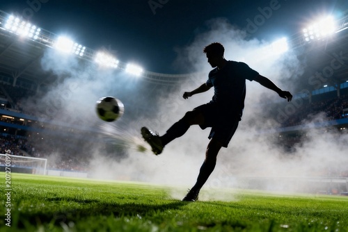 Soccer Player Kicking Ball at Night Stadium