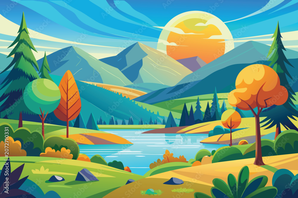 Obraz premium abstract natural landscape vector design with stylized trees and rolling hills