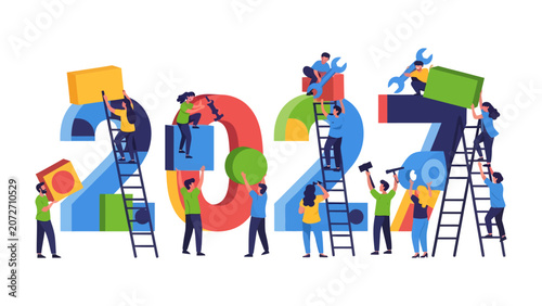 Fotografie Building 2027: A vibrant illustration depicts tiny people working collaboratively with tools to construct the year 2027, symbolizing progress, teamwork, and future planning