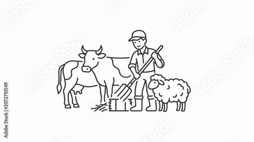 Bild auf Leinwand Farmer standing with cow and sheep in livestock ranch.