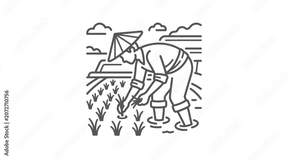 Obraz premium Illustration of farmer planting rice in flooded paddy field.