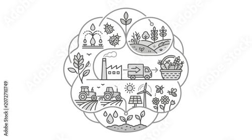 Holistic agricultural ecosystem mandala with technology and nature.