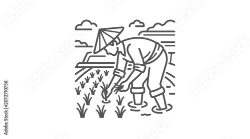 Illustration of farmer planting rice in flooded paddy field.
