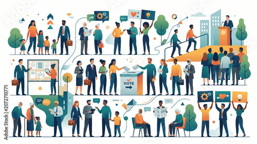 Large Community of Voters Featuring Families, Professionals and Seniors, Civic Participation and Democratic Engagement Concept Illustration