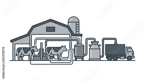 Industrial dairy processing facility with cows and milk tanker.