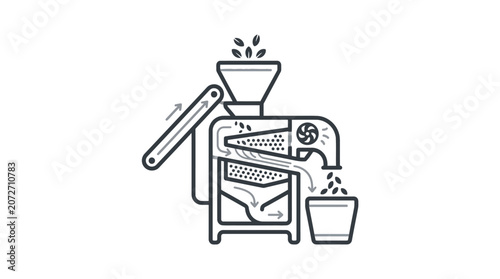 Industrial seed cleaning and processing machine line art icon.
