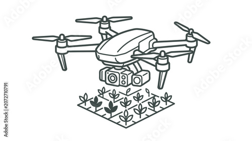 Isometric line art of a drone monitoring plant growth.