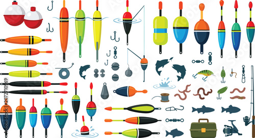 Cuadro en lienzo Fishing tackle and float icon set with colorful bobbers hooks lures bait and gea