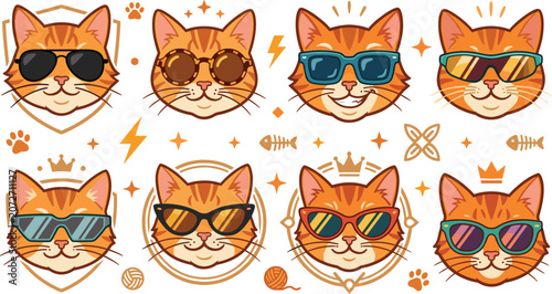Bild auf Leinwand Cool ginger cat wearing sunglasses cartoon logo set featuring orange tabby felin