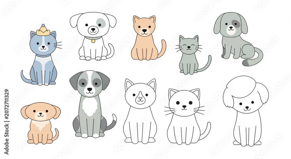 Fototapeta premium A collection of cute cartoon cats and dogs in various colors and outline styles, sitting on a white background.