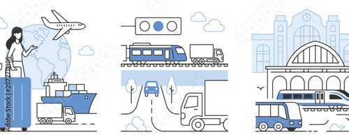 Set of different transportation modes with travel icons including airplane train ship truck bus and car in a minimalist line art style Vector